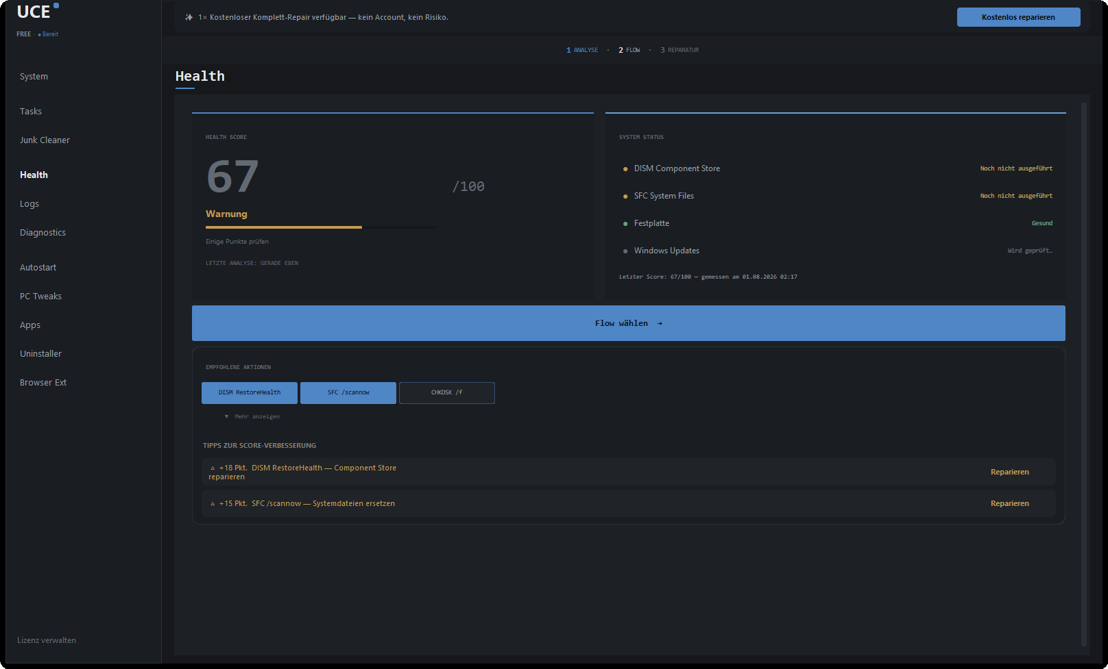 The UCE Health page showing a system score of 67 out of 100, the status of each check and the recommended repairs.