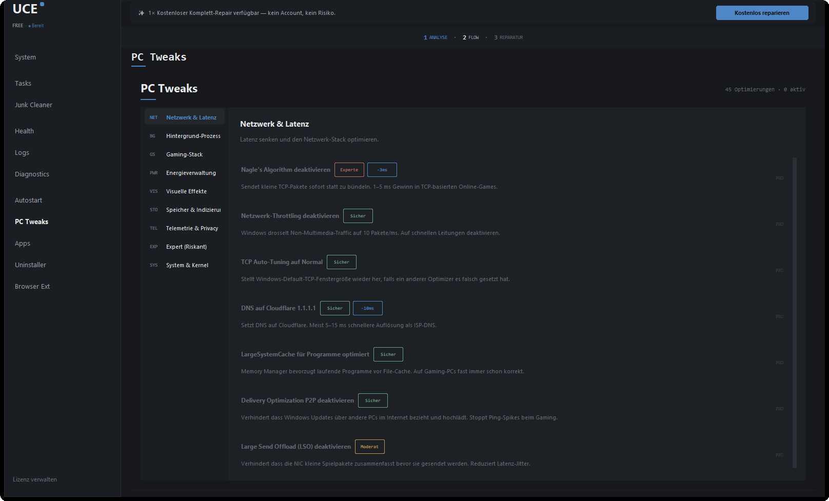 The PC Tweaks page with nine categories, each setting carrying a risk label from Safe to Expert.